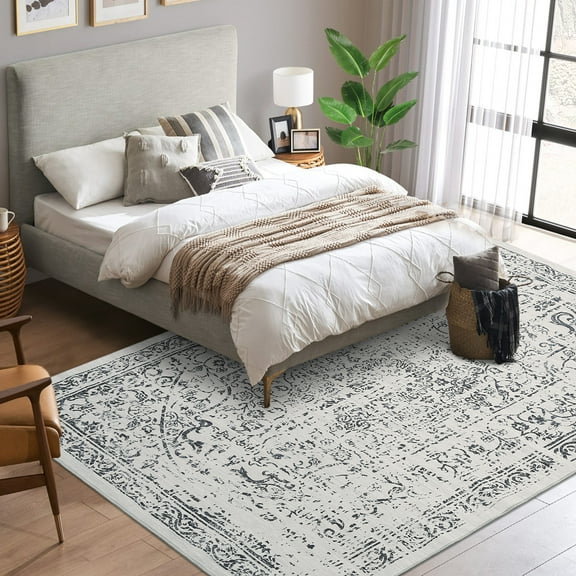 Hasoo 9' x 12' Area Rug for Living Room Boho Vintage Rug Non Slip Throw Rugs Floral Indoor Carpet, Gray