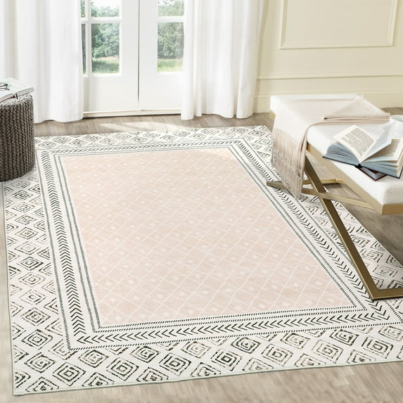 Hasoo 9' x 12' Area Rug for Living Room Bordered Vintage Check Rug Non Slip Throw Rugs Geometrical Bedroom Rug, Beige/Camel