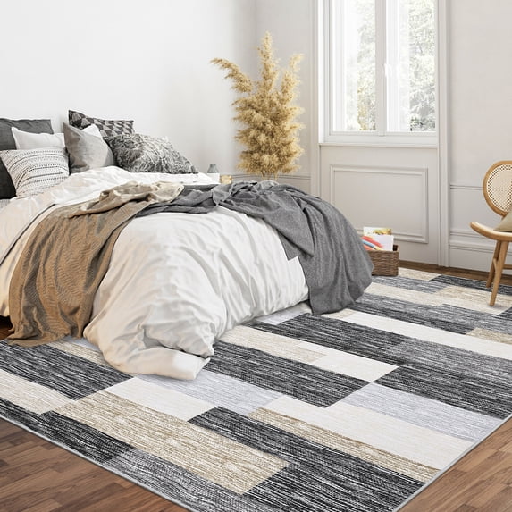 Hasoo 9' x 12' Area Rug for Living Room Modern Geometric Washable Rug Patchwork Indoor Low Pile Throw Carpet for Dorm, Camel/Gray