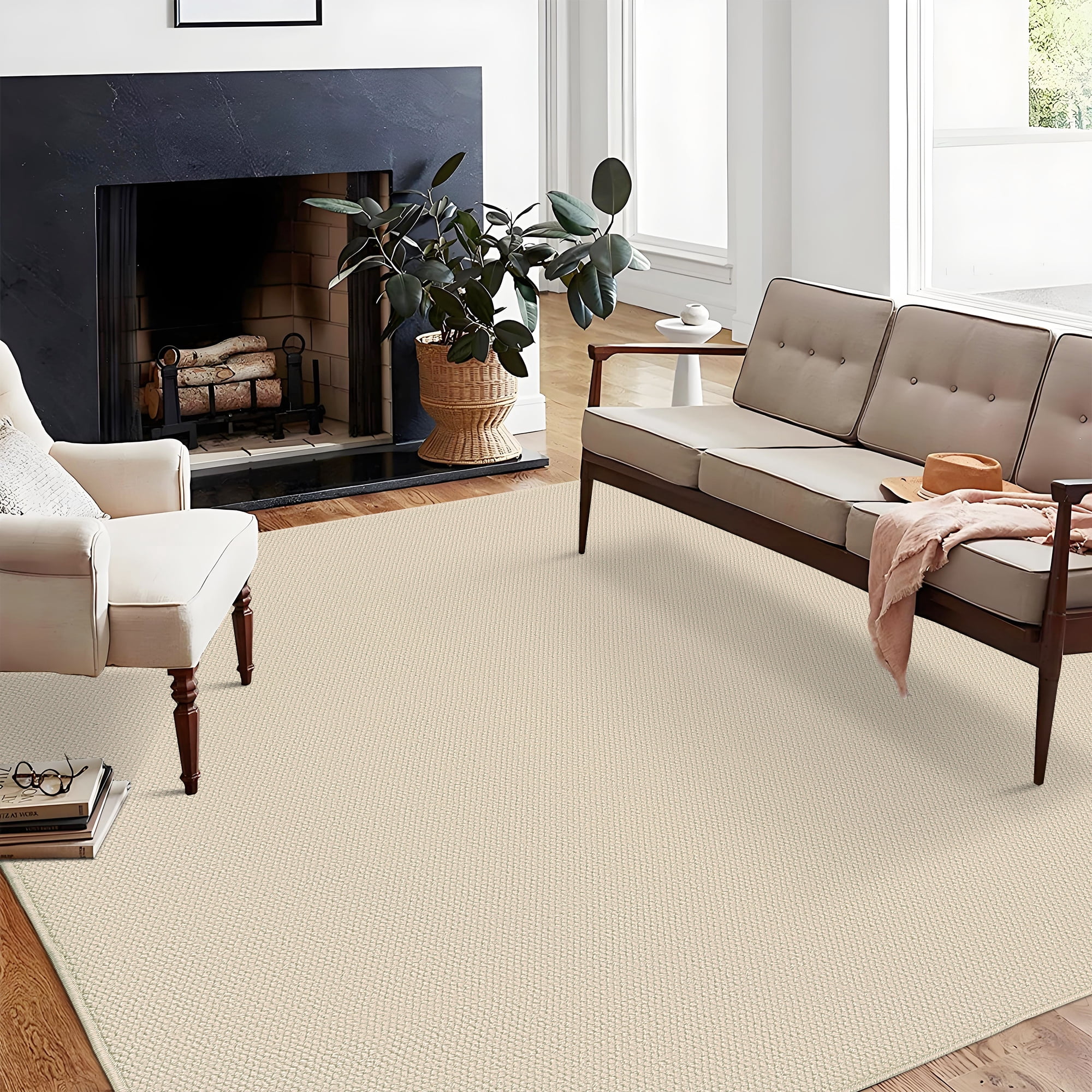 Hasoo 9' x 12' Area Rug for Living Room Solid Textured Vintage Rug Non Slip Throw Rugs Indoor Carpet, Cream