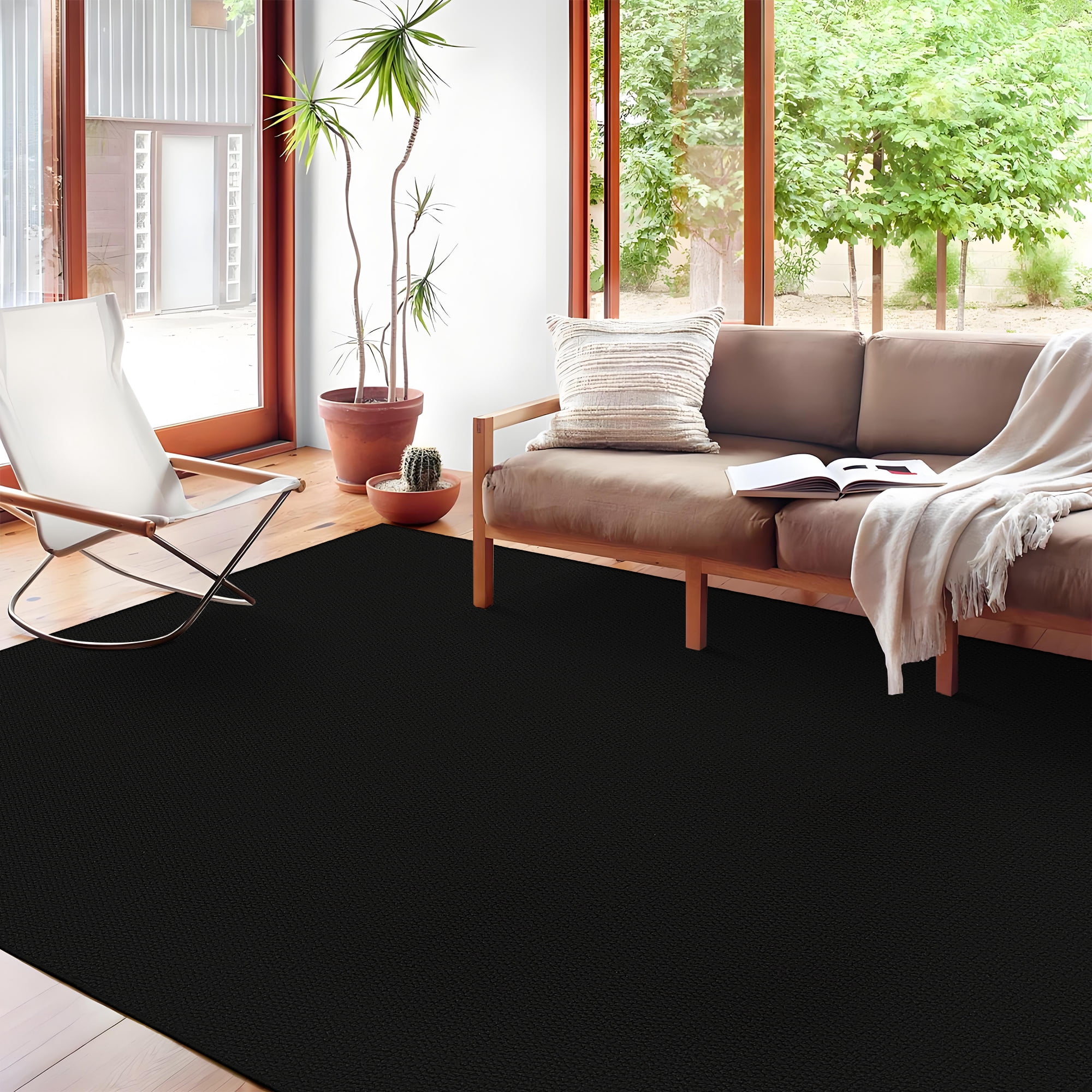 Hasoo 9' x 12' Area Rug for Living Room Solid Textured Vintage Rug Non Slip Throw Rugs Indoor Carpet, Black