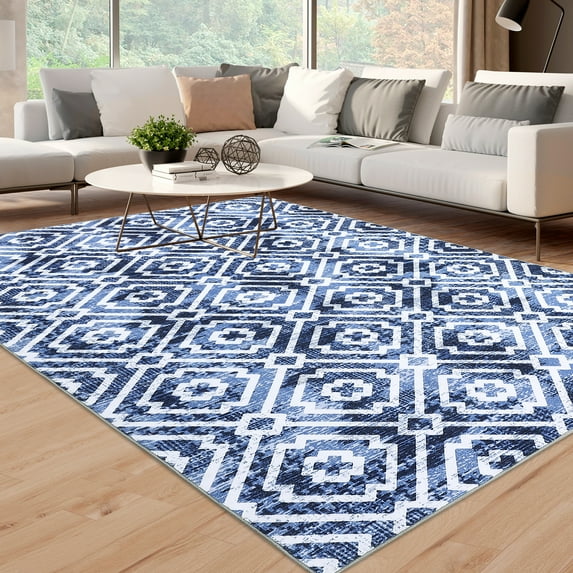 Hasoo 9' x 12' Area Rug for Living Room Washable Bedroom Modern Moroccan Geometric Carpet for Floor Decoration, Blue