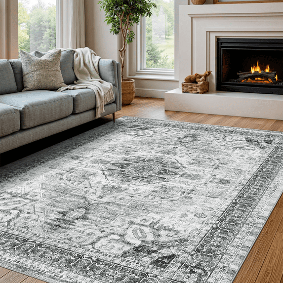 Hasoo 9' x 12' Area Rugs for Living Room Boho Vintage Rugs Non Slip Throw Rugss, Gray