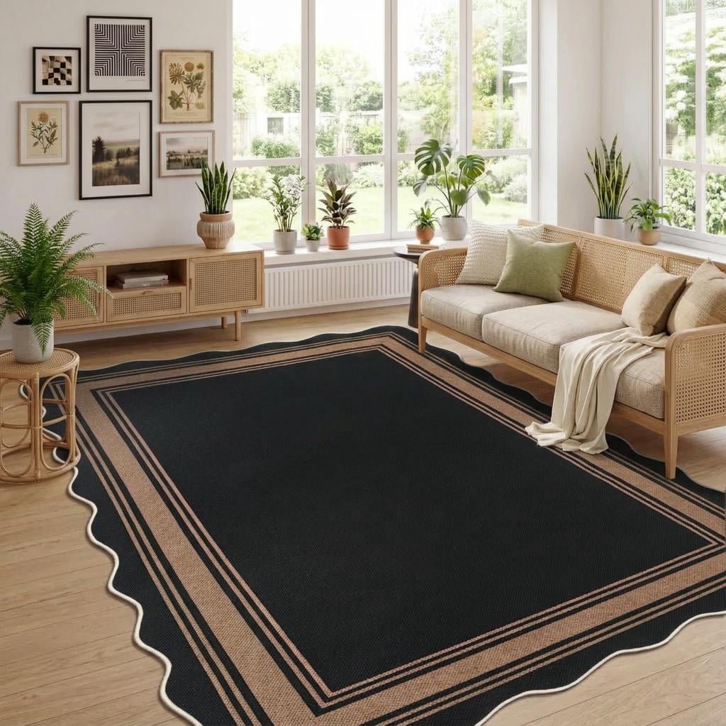 Simple Neutral Hasoo 9' x 12' Black/Brown Modern Scalloped Bordered Neutral Area Rug ...