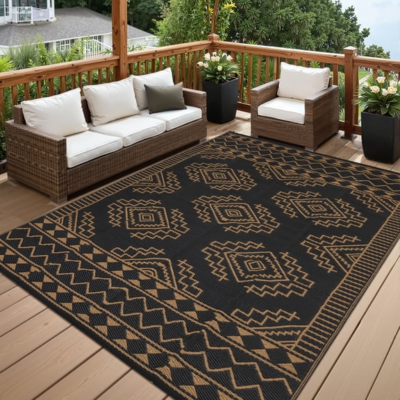 Hasoo 9' x 12' Black & Brown Outdoor Rug Plastic Straw Floral Carpet Waterproof PP Tube Woven Portable Mat for Patio Decor, Balcony, Picnic