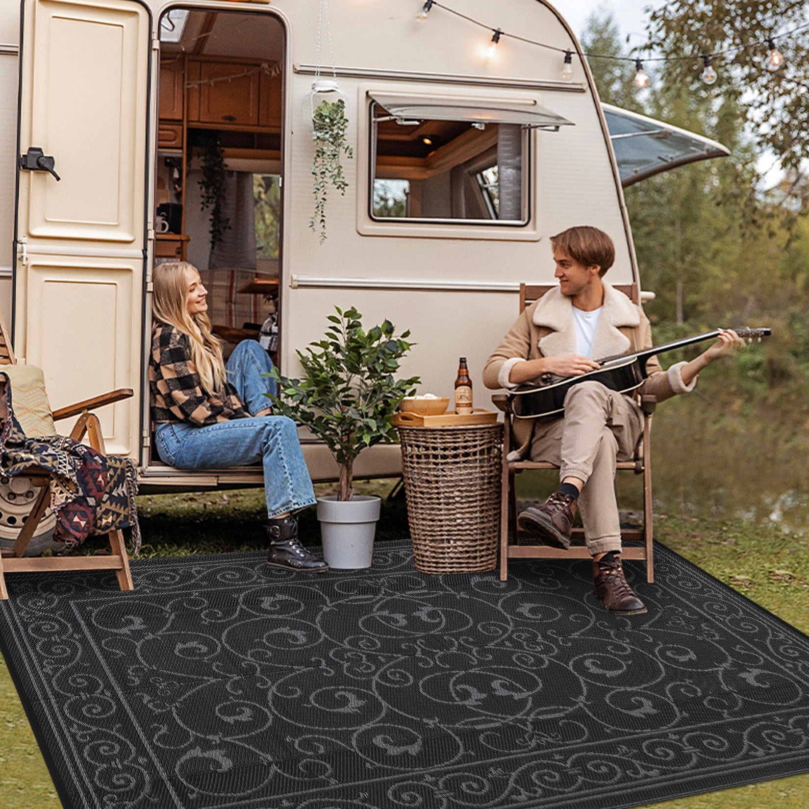 Hasoo 9' x 12' Black/Gray Outdoor Rug for Patio Decor Waterproof Plastic Straw Modern Geometric Floral Carpet PP Tube Woven Portable Camping Mat for Picnic Balcony