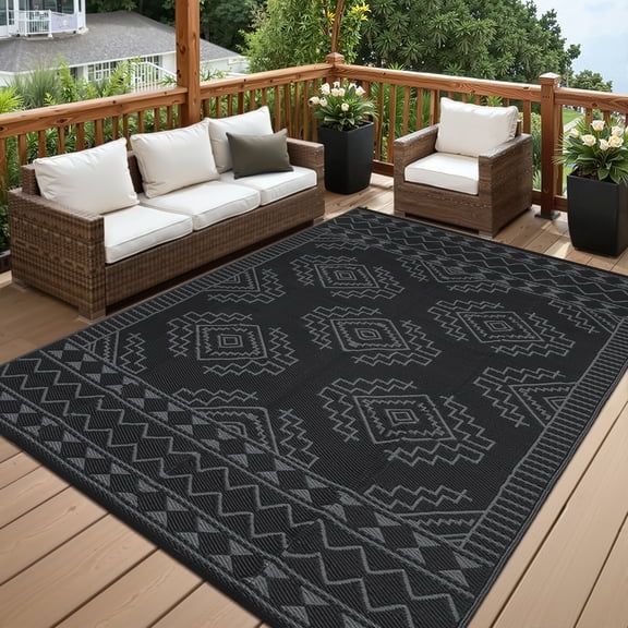 Hasoo 9' x 12' Black & Gray Outdoor Rug Plastic Straw Floral Carpet Waterproof PP Tube Woven Portable Mat for Patio Decor, Balcony, Picnic