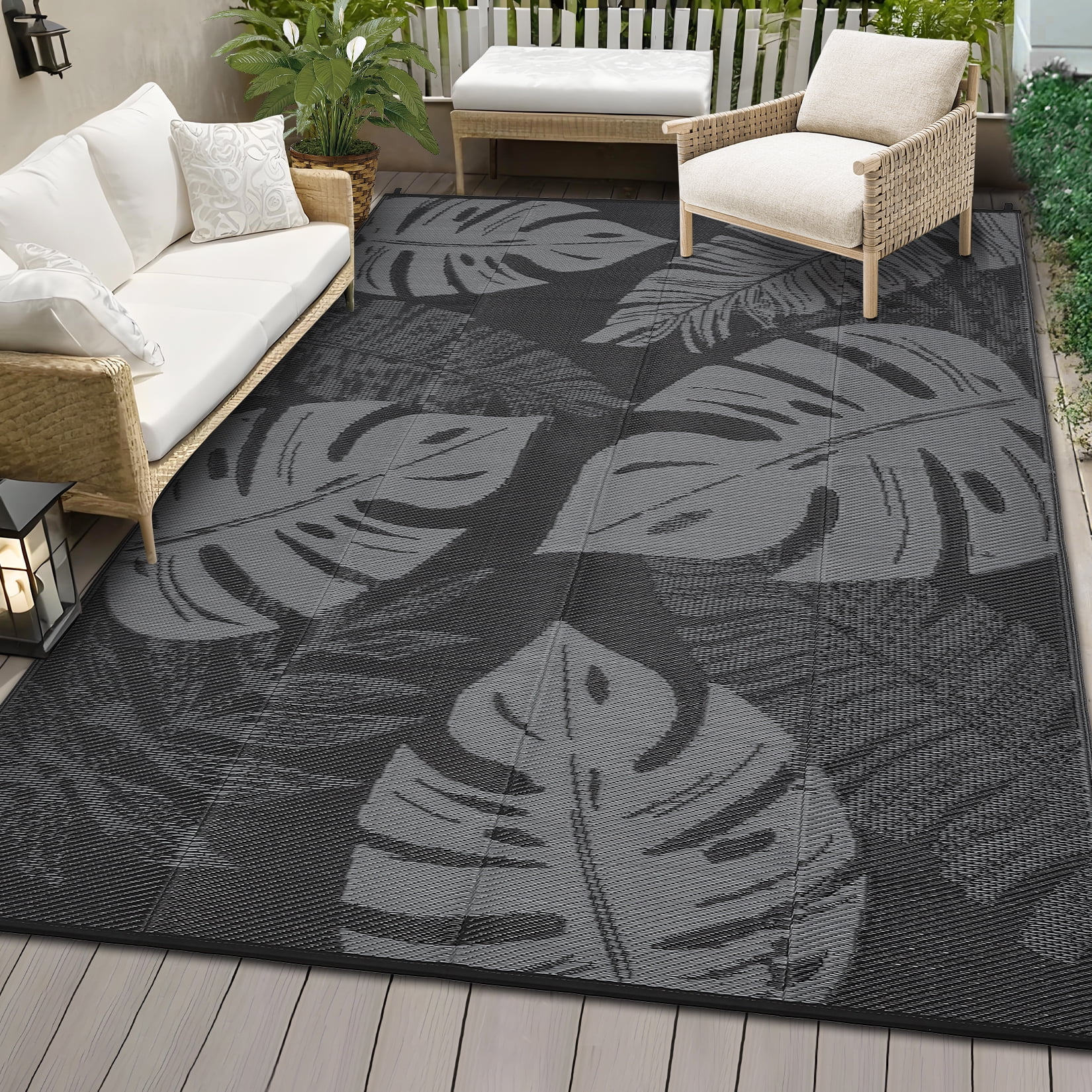 Hasoo 9' x 12' Black/Gray Outdoor Rug Plastic Straw Rug Bohemia Carpet Waterproof PP Tube Woven Portable Mat for Patio Decor, Balcony, Picnic