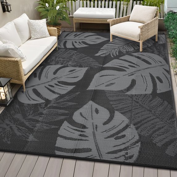 Hasoo 9' x 12' Black/Gray Outdoor Rug Plastic Straw Rug Bohemia Carpet Waterproof PP Tube Woven Portable Mat for Patio Decor, Balcony, Picnic