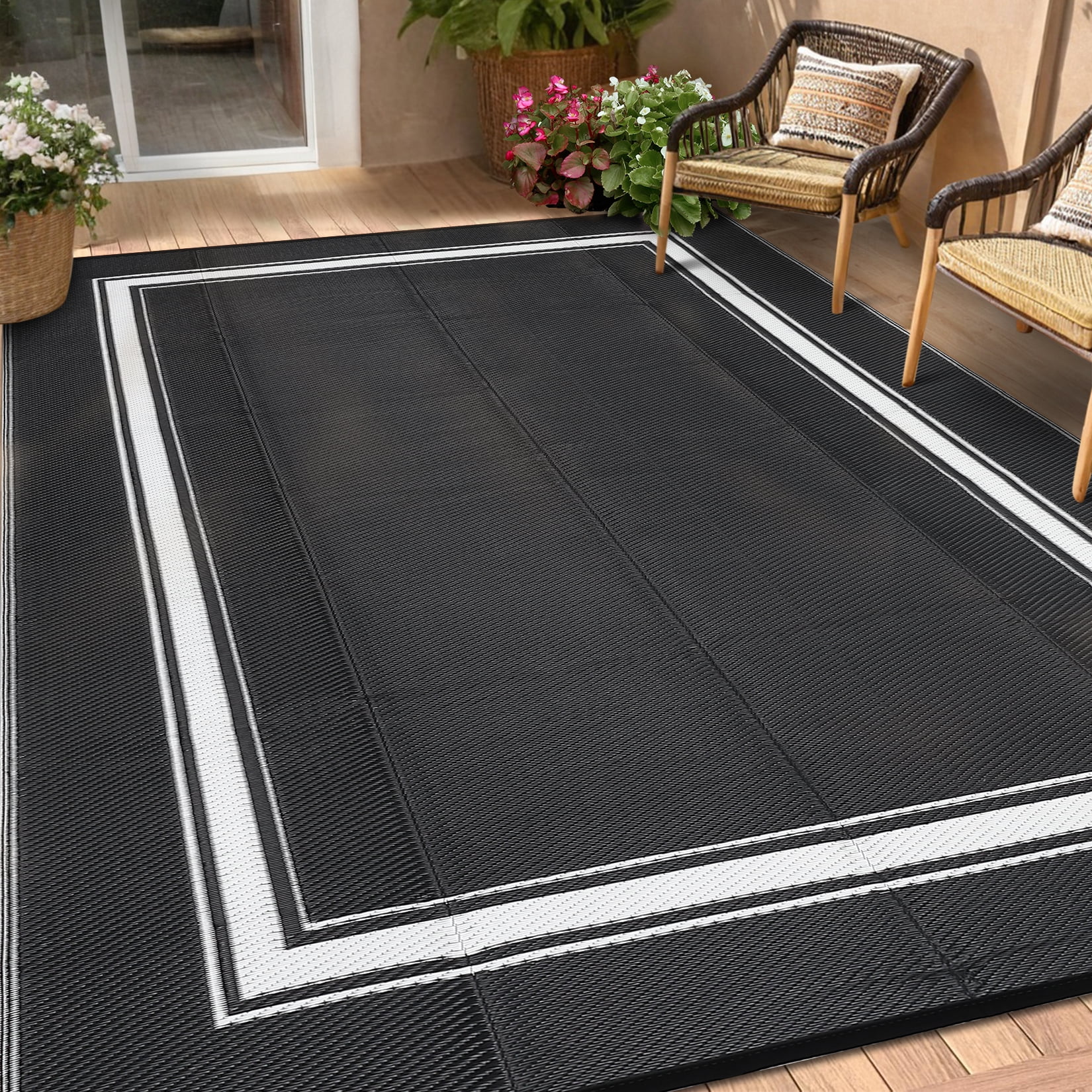 Hasoo 9' x 12' Black/White Outdoor Rug for Patio Decor Waterproof ...