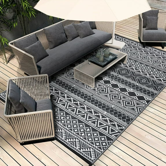 Hasoo 9' x 12' Black & White Outdoor Rug Plastic Straw Rug Bohemia Carpet Waterproof PP Tube Woven Portable Mat for Patio Decor, Balcony, Picnic