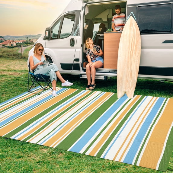 Hasoo 9' x 12' Blue Outdoor Rug for Patio Decor Waterproof Plastic Straw Modern Geometric Striped Carpet PP Tube Woven Portable Camping Mat for Picnic Balcony
