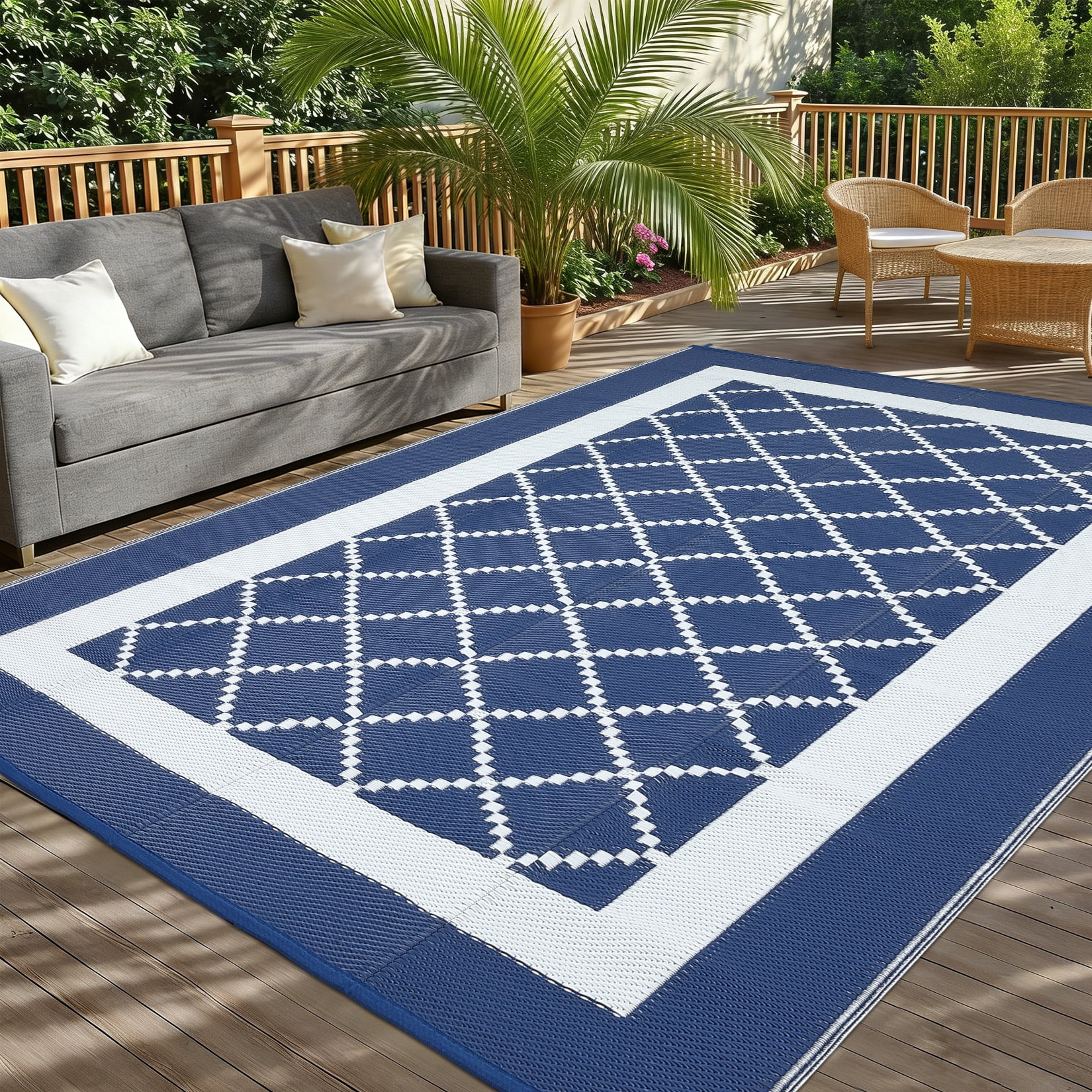 Hasoo 9' x 12' Blue/White Outdoor Rug for Patio Decor Waterproof Plastic Straw Modern Geometric Bordered Carpet PP Tube Woven Portable Camping Mat for Picnic Balcony