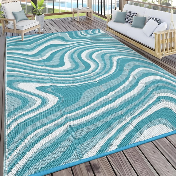 Hasoo 9' x 12' Blue/White Outdoor Rug for Patio Decor Waterproof Plastic Straw Modern Geometric Carpet PP Tube Woven Portable Camping Mat for Picnic Balcony