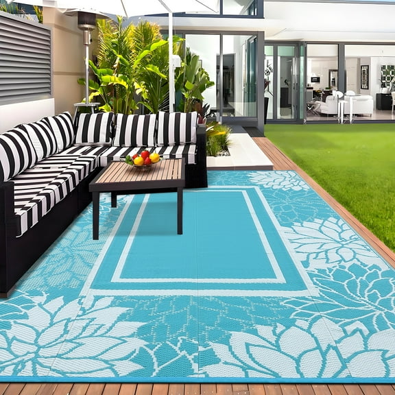 Hasoo 9' x 12' Blue & White Outdoor Rug Plastic Straw Border Carpet Waterproof PP Tube Woven Portable Mat for Patio Decor, Balcony, Picnic