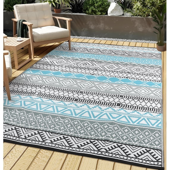 Hasoo 9' x 12' Gray/Blue Outdoor Rug for Patio Decor Waterproof Plastic Straw Modern Geometric Carpet PP Tube Woven Portable Camping Mat for Picnic Balcony