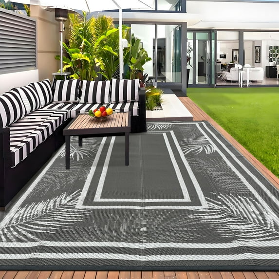 Hasoo 9' x 12' Gray Outdoor Rug Plastic Straw Border Carpet Waterproof PP Tube Woven Portable Mat for Patio Decor, Balcony, Picnic