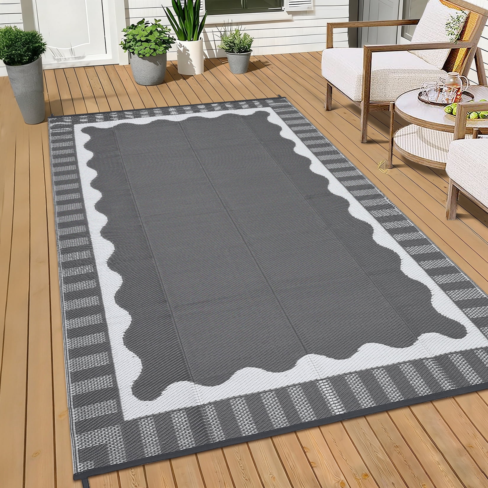 Hasoo 9' x 12' Gray/White Outdoor Rug for Patio Decor Waterproof Plastic Straw Modern Geometric Scalloped Bordered Pattern Carpet PP Tube Woven Portable Camping Mat for Picnic Balcony