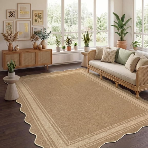 Hasoo 9' x 12' Jute Color Modern Scalloped Bordered Neutral Area Rug for Living Room Washable Non-Shedding Easy Jute Indoor Outdoor Carpet for Patio