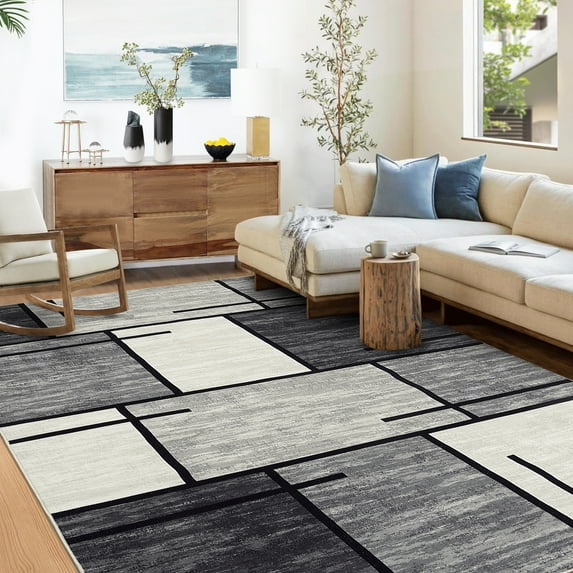 Hasoo 9' x 12' Large Area Rug Contemporary Patchwork Rug for Living Room Modern Geometric Print Rug Washable Low Pile Non-Slip Rug, Gray