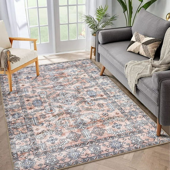 Hasoo 9' x 12' Large Area Rug Farmhouse Vintage Tribal Rug Floral Print Washable Rug Indoor Soft Foldable Thin Rug Carpet for Living Room Bedroom, Gray/Pink