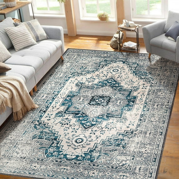 Hasoo 9' x 12' Large Area Rug Floral Distressed Rug Vintage Persian Rug Non-Slip Low Pile Carpet for Living Room Bedroom, Blue/Gray