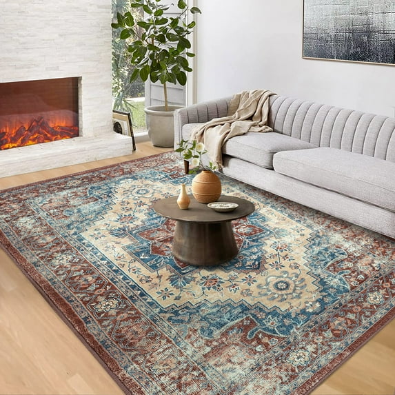 Hasoo 9' x 12' Large Area Rug Floral Distressed Rug Vintage Persian Rug Non-Slip Low Pile Carpet for Living Room Bedroom, Brick Red