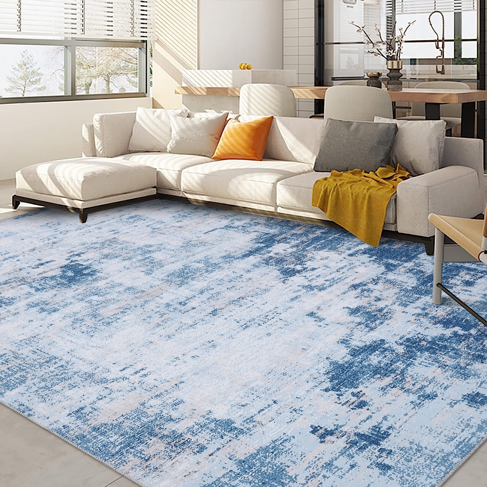 Blue Abstract 9' x 12' Washable Synthetic Area Rug