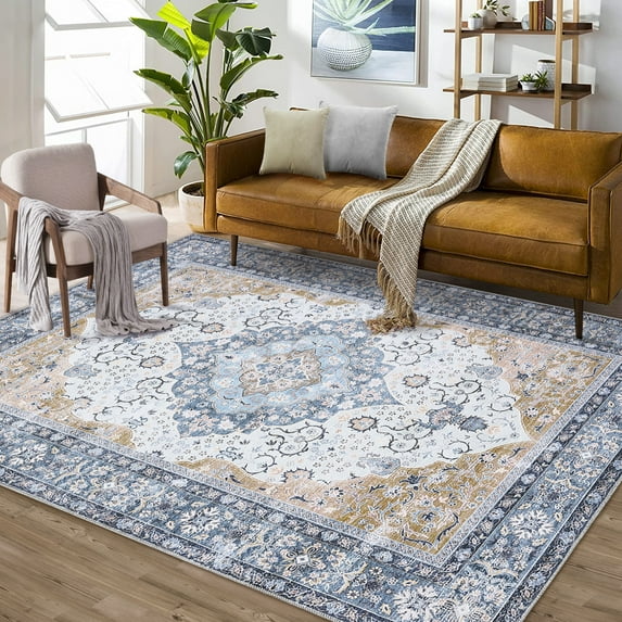 Hasoo 9' x 12' Large Area Rug Vintage Persian Flower Print Distressed Carpet Indoor Floor Cover Washable Rug for Living Room Bedroom, Blue/Yellow