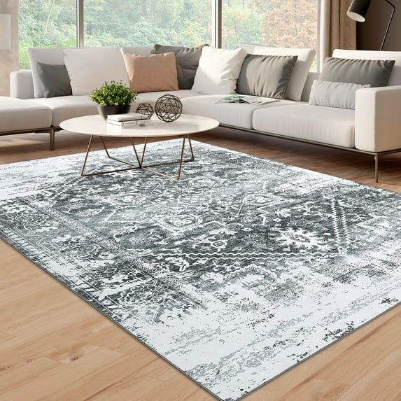 Hasoo 9' x 12' Large Area Rug Vintage Persian Rug Stain Resistant Non-Slip Washable Indoor Rugs for Living Room Bedroom Gray