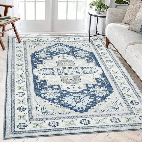 Hasoo 9' x 12' Large Area Rug Washable Rug Vintage Floral Printed Carpet Chenille Floor Cover Non-Slip Soft Foldable Thin Rug Home Decor, Blue