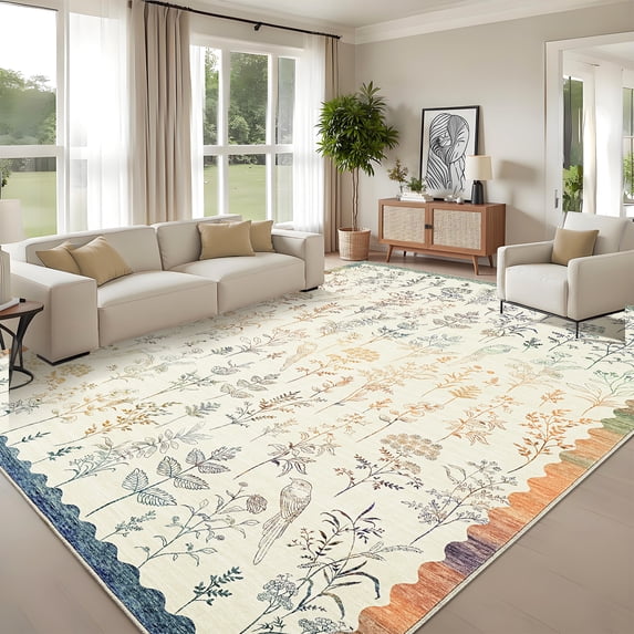 Hasoo 9' x 12' Large Area Rug for Dining Room Durable Washable Floral Indoor Scallop Border Carpet Stain Resistant Rugs for Bedroom, Beige Blue