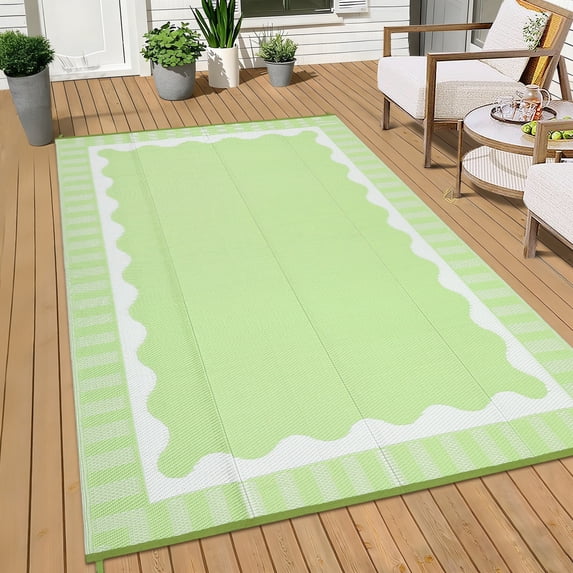 Hasoo 9' x 12' Light Green Outdoor Rug for Patio Decor Waterproof Plastic Straw Modern Geometric Scalloped Bordered Pattern Carpet PP Tube Woven Portable Camping Mat for Picnic Balcony