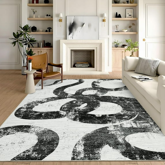 Hasoo 9' x 12' Modern Washable Indoor Rug for Living Room Soft Abstract Geometric Line Area Rug Non Slip Stain Resistant Black White Carpet