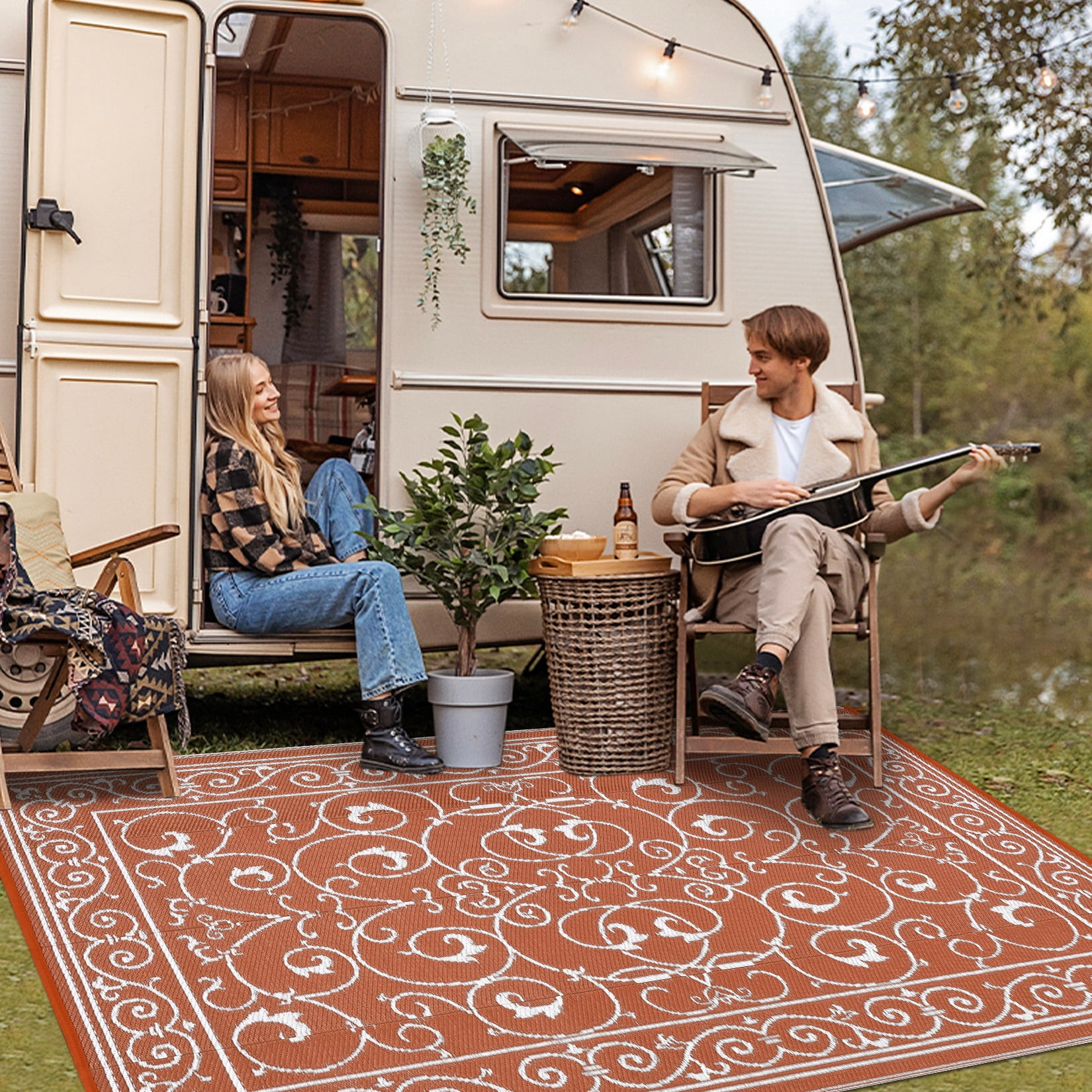 Hasoo 9' x 12' Orange Outdoor Rug for Patio Decor Waterproof Plastic Straw Modern Geometric Floral Carpet PP Tube Woven Portable Camping Mat for Picnic Balcony