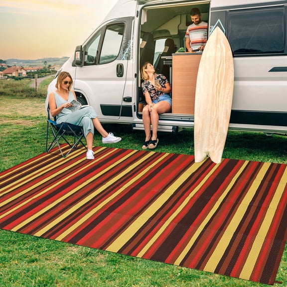 Hasoo 9' x 12' Orange/Yellow Outdoor Rug for Patio Decor Waterproof Plastic Straw Modern Geometric Striped Carpet PP Tube Woven Portable Camping Mat for Picnic Balcony