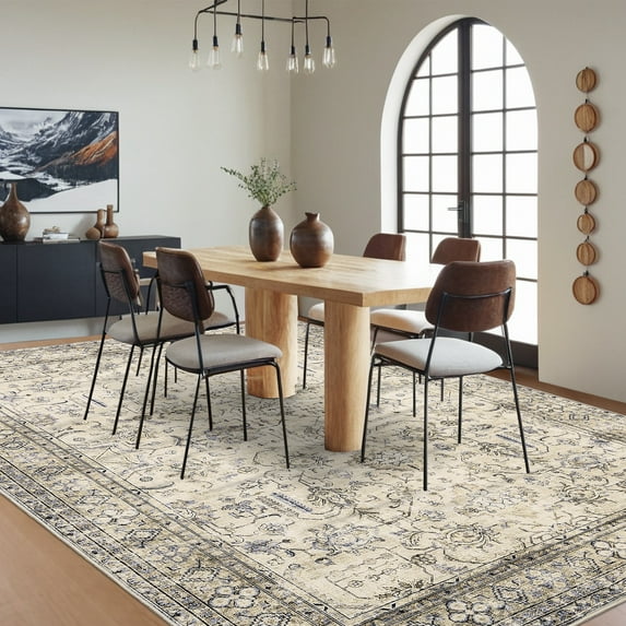 Hasoo 9' x 12' Vintage Indoor Rug for Living Room Soft Floral Area Rug Non Slip Stain Resistant Beige Carpet