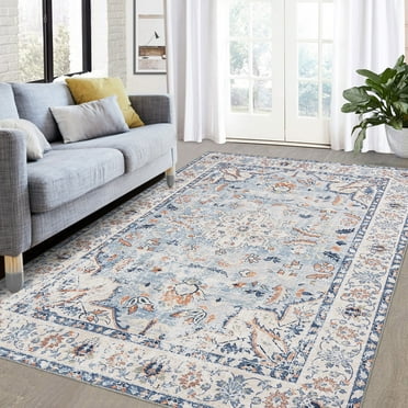 Hasoo 9' x 12' Modern Large Area Rug Stain Non-Shedding Low-Pile Distressed Area Rug Carpet for Living Room Bedroom, Light Blue