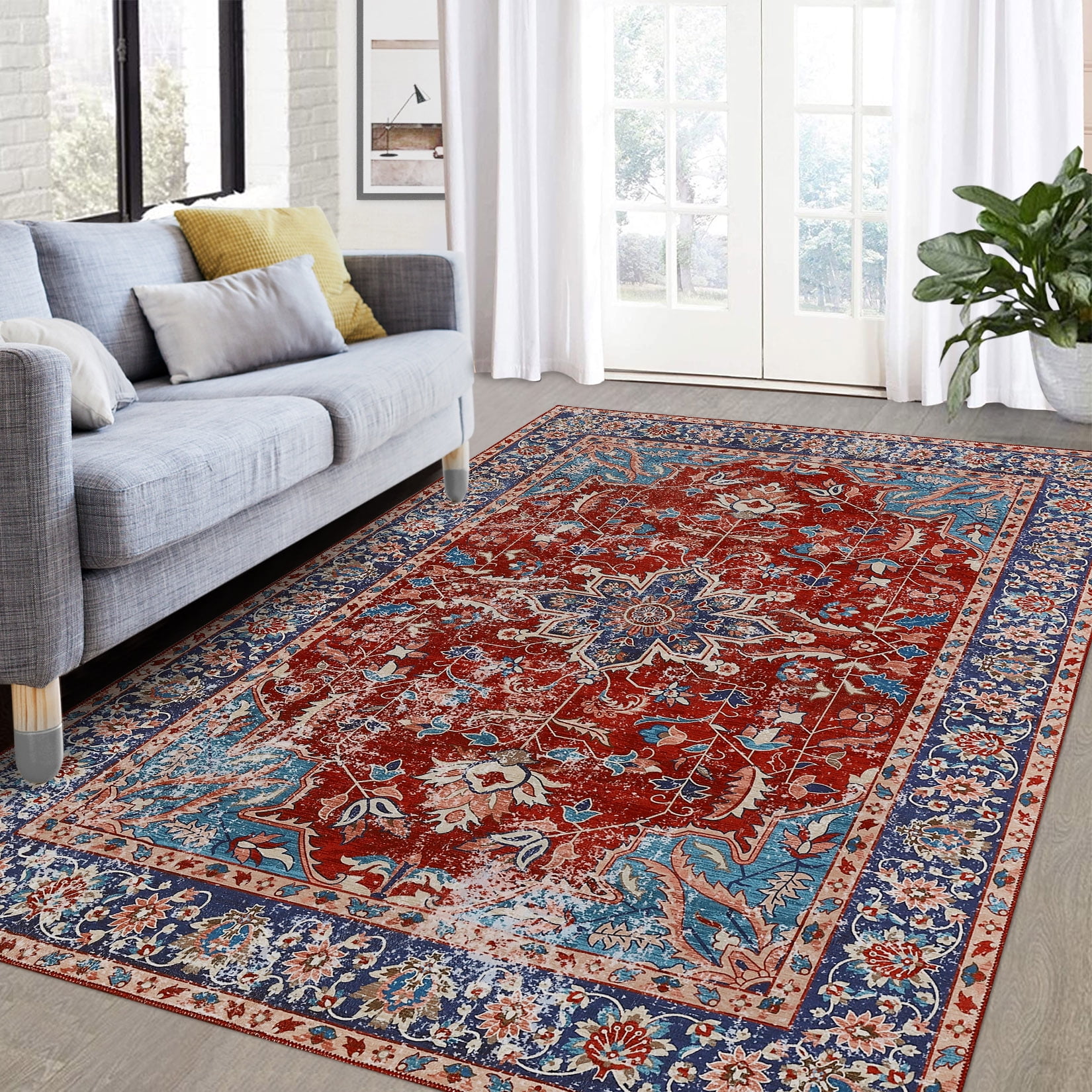 Hasso Rugs Hasoo 9'x12' Vintage Rug, Non-Shedding, Low-Pile, Persian Design, Stain ...
