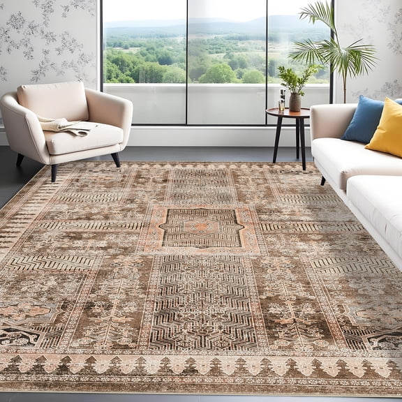 Hasoo 9' x 12' Washable Indoor Bedroom Carpet Floral Geometric Area Rug for Dining Room, Khaki