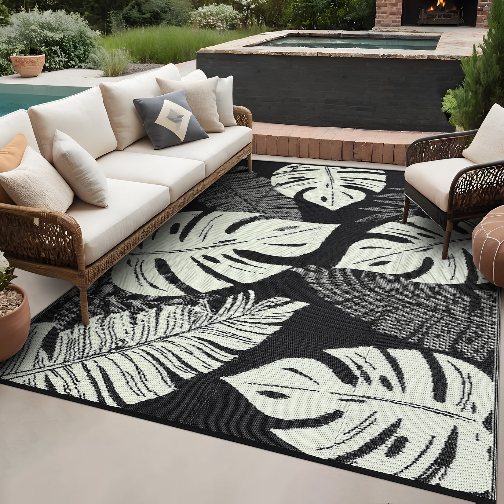 Hasoo 9' x 18' Black/Beige Outdoor Rug Plastic Straw Rug Bohemia Carpet Waterproof PP Tube Woven Portable Mat for Patio Decor, Balcony, Picnic