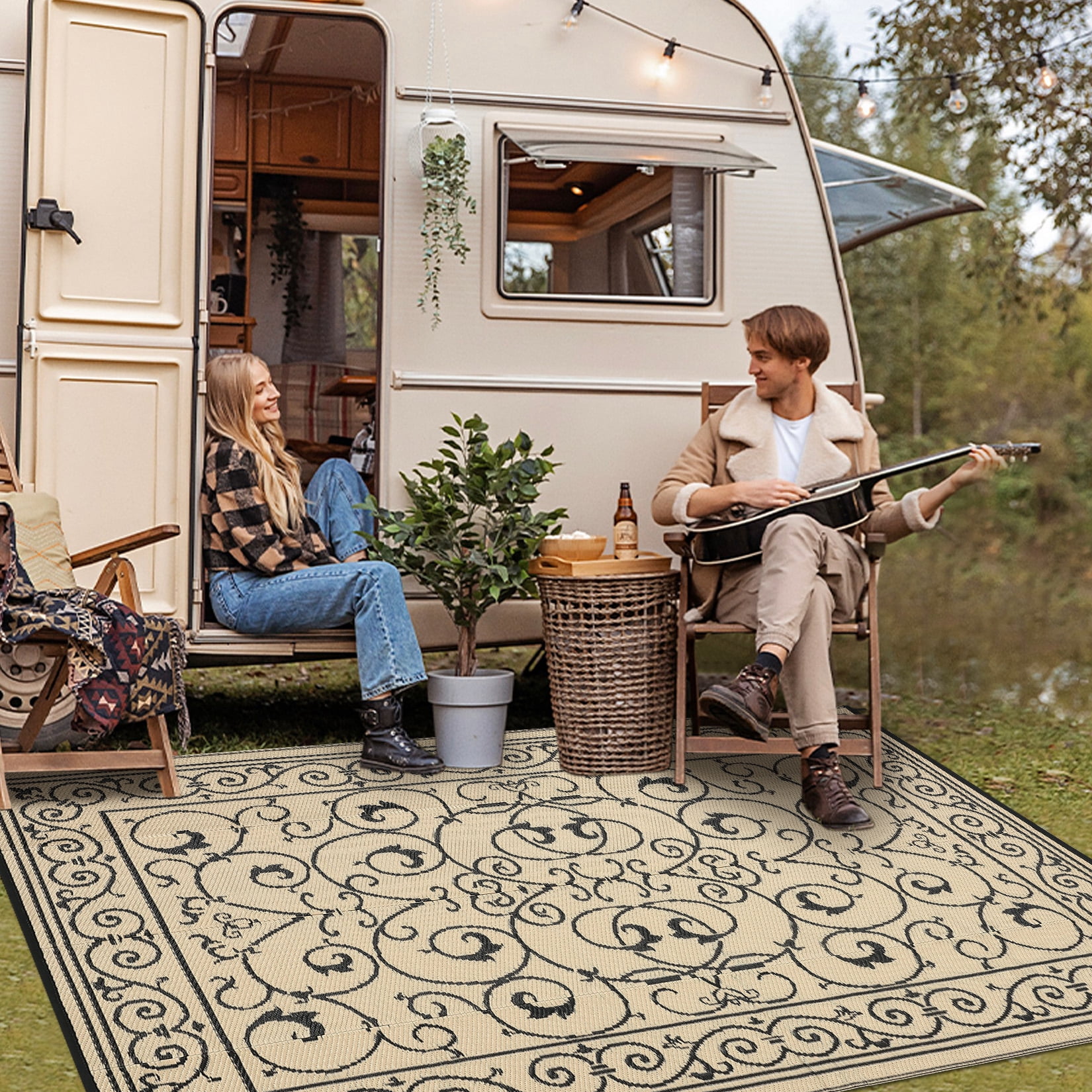 Hasoo 9' x 18' Black/Brown Outdoor Rug for Patio Decor Waterproof Plastic Straw Modern Geometric Floral Carpet PP Tube Woven Portable Camping Mat for Picnic Balcony