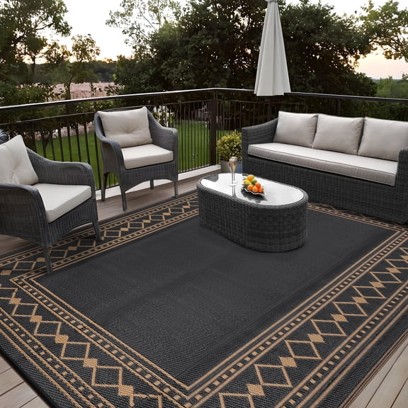 Hasoo 9' x 18' Black/Brown Outdoor Rug Plastic Straw Border Carpet Waterproof PP Tube Woven Portable Mat for Patio Decor, Balcony, Picnic
