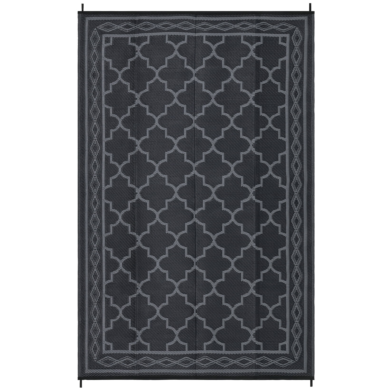 Hasoo 9' x 18' Black/Gray Outdoor Rug for Patio Decor Waterproof Plastic Straw Modern Geometric Carpet PP Tube Woven Portable Camping Mat for Picnic Balcony