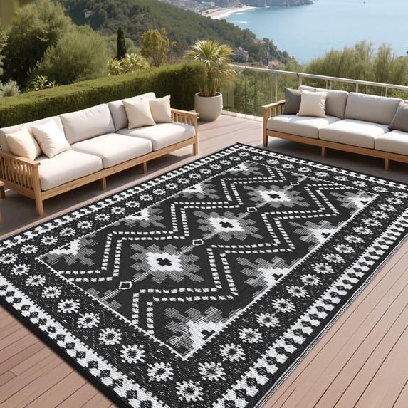 Hasoo 9' x 18' Black/White Outdoor Rug for Patio Decor Waterproof Plastic Straw Modern Geometric Floral Carpet PP Tube Woven Portable Camping Mat for Picnic Balcony
