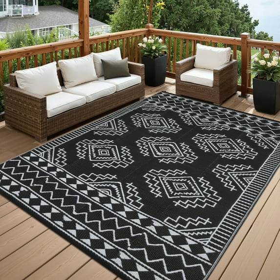 Hasoo 9' x 18' Black & White Outdoor Rug Plastic Straw Floral Carpet Waterproof PP Tube Woven Portable Mat for Patio Decor, Balcony, Picnic
