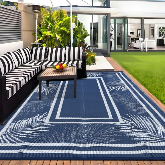 Hasoo 9' x 18' Blue Outdoor Rug Plastic Straw Border Carpet Waterproof PP Tube Woven Portable Mat for Patio Decor, Balcony, Picnic