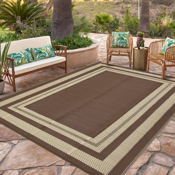 Hasoo 9' x 18' Brown Outdoor Rug for Patio Decor Waterproof Plastic Straw Modern Geometric Carpet PP Tube Woven Portable Camping Mat for Picnic Balcony