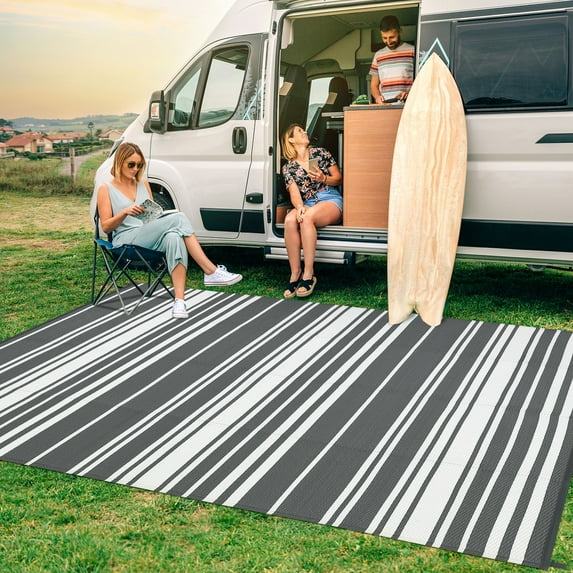 Hasoo 9' x 18' Gray Outdoor Rug for Patio Decor Waterproof Plastic Straw Modern Geometric Striped Carpet PP Tube Woven Portable Camping Mat for Picnic Balcony