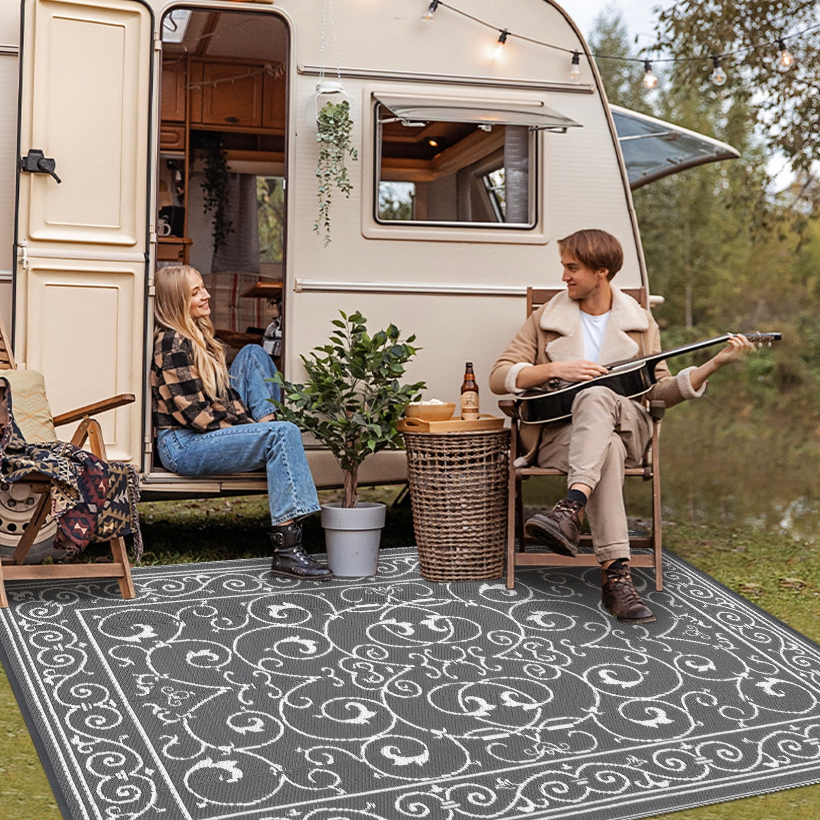 Hasoo 9' x 18' Gray/White Outdoor Rug for Patio Decor Waterproof Plastic Straw Modern Geometric Floral Carpet PP Tube Woven Portable Camping Mat for Picnic Balcony
